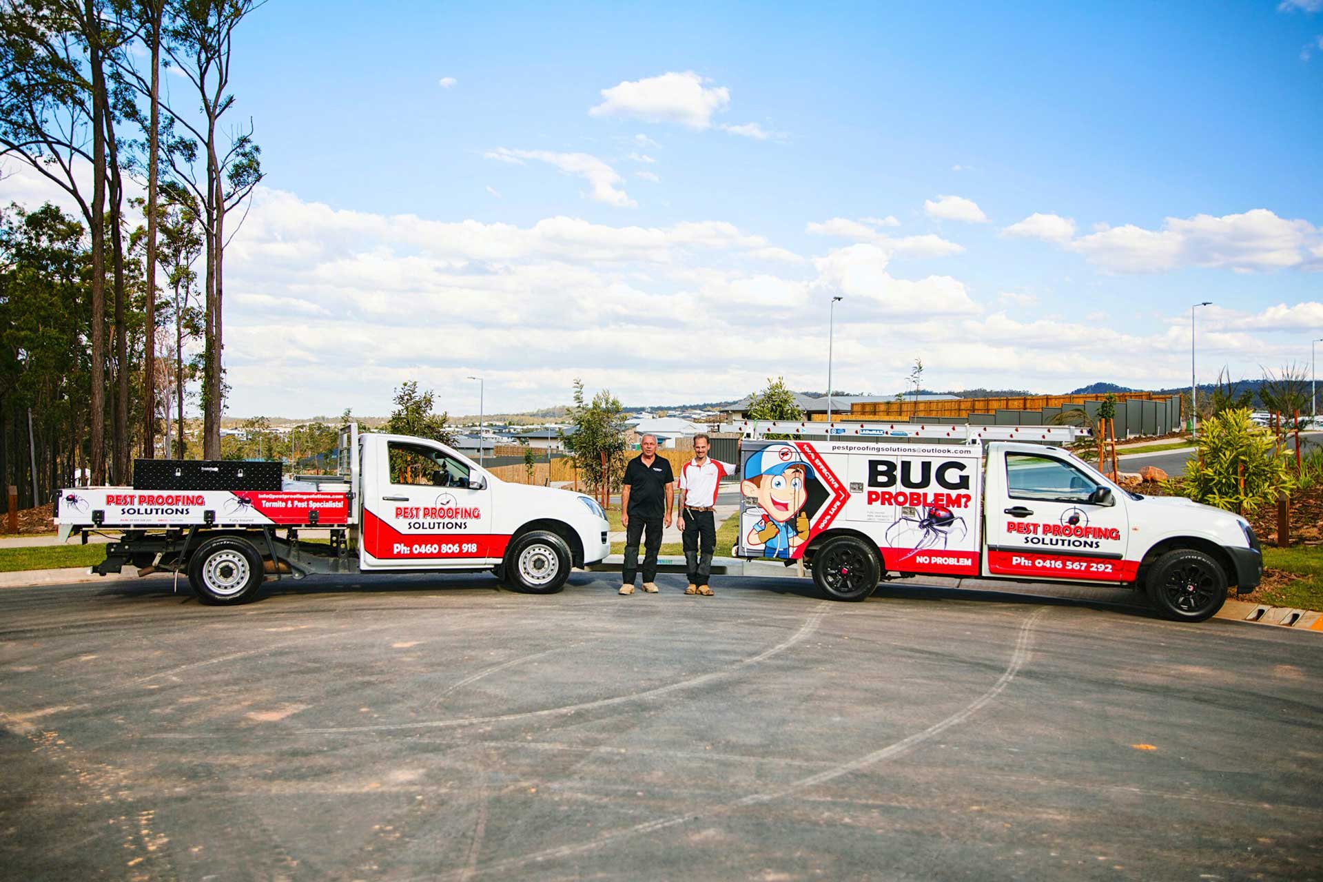 Two professional pest experts standing in front of two work vans with Pest Proofing Solutions business logos | Feature image for the Bird Shooting page from Pest Proofing Solutions.